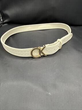 Calvin Klein Cream Black Belt Gold Buckle Monogram Logo Plaque Reversible Belt